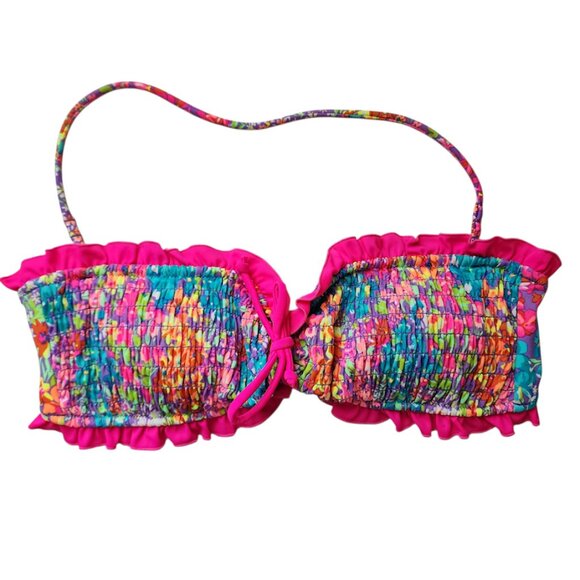 VICTORIA’S SECRET Y2K Smocked Bikini Top Pink Ruffle Trim Bandeau M - Picture 6 of 7